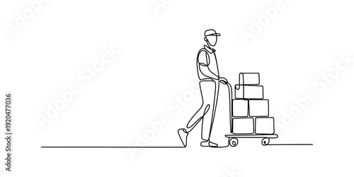 Continuous line drawing of a delivery man pushing a cart loaded with cardboard boxes Vector, illustration
