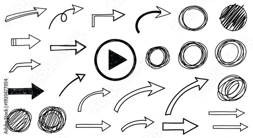A collection of hand drawn arrows circles and shapes featuring a play button in stark silhouette high quality professional detailed modern elegant