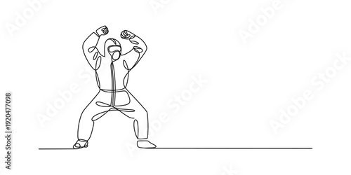 Continuous line drawing of a person in a protective hazmat suit celebrating with raised arms. Vector, illustration