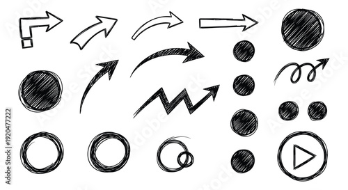 A collection of hand drawn arrows circles and a play button all rendered in a stark black silhouette high quality professional detailed