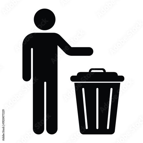 Black silhouette icon showing a person disposing of waste in a trash can with an open lid. Professional graphic for sanitation and housekeeping.