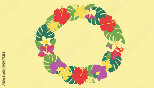A vibrant floral lei wreath on a bright day, featuring colorful flowers and lush foliage in a circular arrangement