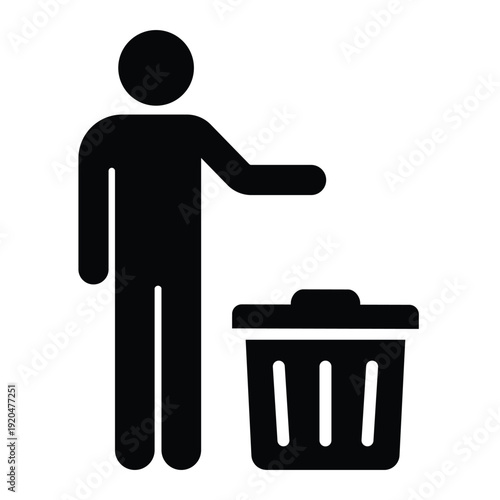 Black silhouette icon showing a person disposing of waste in a trash can with an open lid. Professional graphic for sanitation and housekeeping.