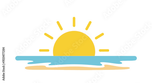 A vibrant illustration of a sunrise over a calm ocean, with a sandy beach in the foreground.