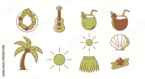 A collection of Hawaiian-themed icons including a lei, ukulele, tropical drinks, palm tree, sun, seashell, and hula skirt.