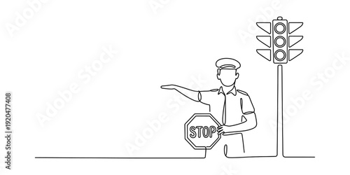 Continuous line drawing of a traffic officer holding a stop sign and standing by a traffic light Vector, illustration