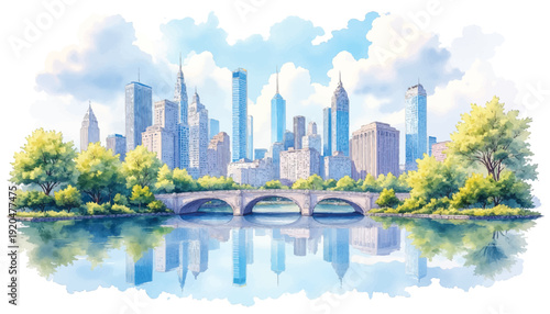 Watercolor painting of a city skyline with a bridge over a river.