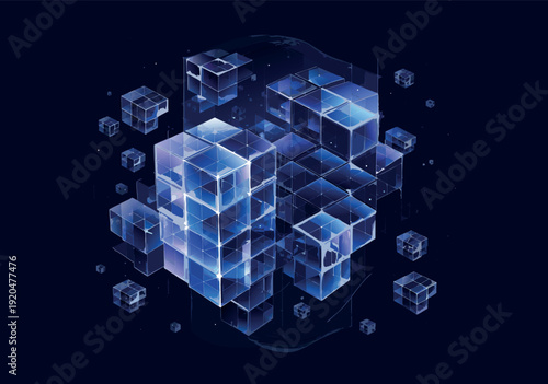 Modular 3D Glass Blocks Representing Big Data Analytics, Cloud Storage, and Scalable Software Architecture on Dark Background