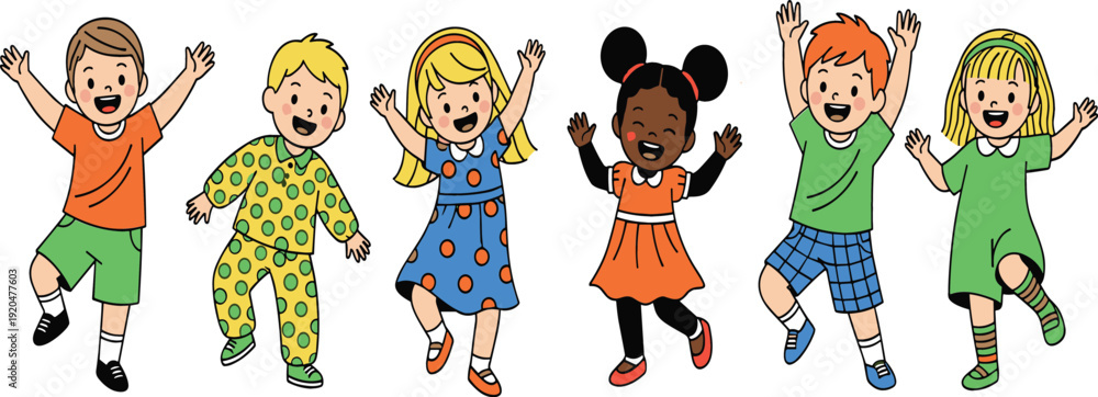 Fototapeta premium Happy Jumping Kids Cartoon Characters Illustration Featuring Diverse Children Group Playing Together Flat Colorful Vector Design