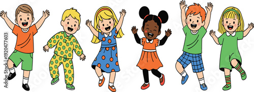 Happy Jumping Kids Cartoon Characters Illustration Featuring Diverse Children Group Playing Together Flat Colorful Vector Design