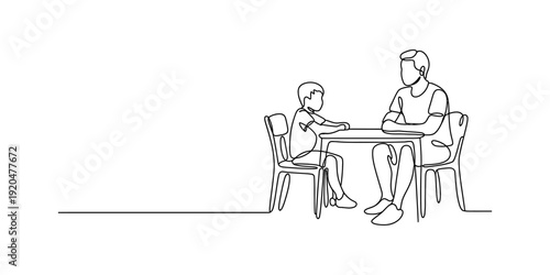 Continuous line drawing of a father and son sitting at a table having a deep conversation Vector, illustration