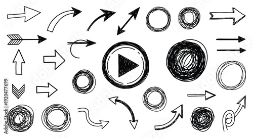 A collection of hand drawn arrows circles and abstract shapes presented as a black and white illustration silhouette high quality professional detailed