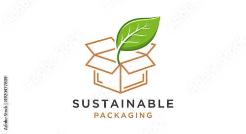 Eco-friendly packaging concept with green leaf emerging from cardboard box
