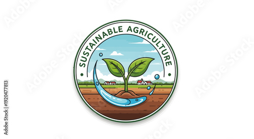 Sustainable agriculture logo featuring a green sprout growing from earthy soil with a blue water droplet, symbolizing eco-friendly farming practices and environmental conservation.