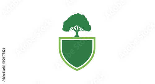 Green shield with tree illustration symbolizing protection and nature harmony