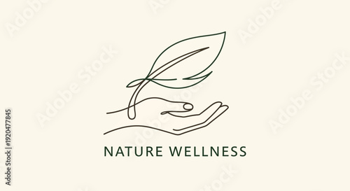 A hand cradling a leaf, symbolizing nature wellness and harmony between human and environment, illustrated in minimalist style.