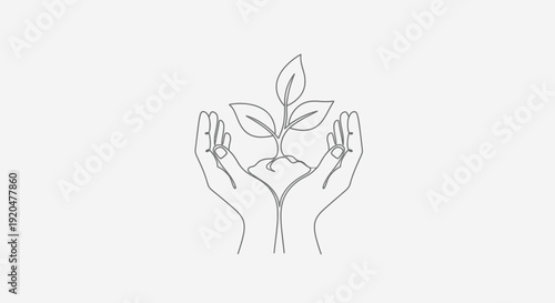 Hands cradling a sprouting plant, symbolizing growth and nurturing care in a minimalist illustration from a straightforward viewpoint