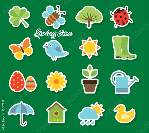 Colorful spring sticker set in flat style. Collection of nature symbols including sun, flowers, bees, and rainbow. Vector illustration for kids scrapbooking, diary decor, and school projects.