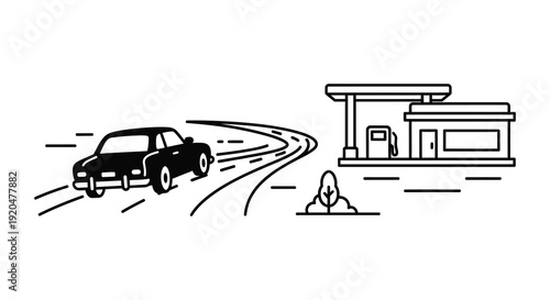 A stylized illustration depicts a speeding car approaching a gas station using a bold black silhouette high quality professional detailed modern