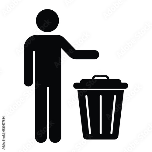 Black silhouette icon showing a person disposing of waste in a trash can with an open lid. Professional graphic for sanitation and housekeeping.