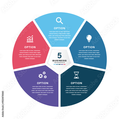 Circular Business Infographic Diagram with Five Segmented Options, Icons, and Central Hub for Corporate Strategy, Marketing, Education, and Presentation Templates
