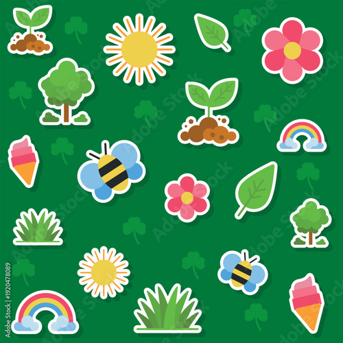 Colorful spring sticker set in flat style. Collection of nature symbols including sun, flowers, bees, and rainbow. Vector illustration for kids scrapbooking, diary decor, and school projects.