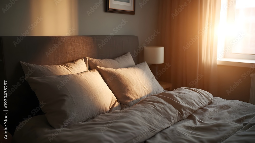 Obraz premium Cozy bedroom interior bathed in warm golden hour sunlight highlighting soft pillows and a neatly made bed