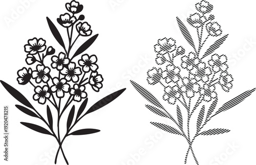 Black and white line art illustration of a small bouquet of forgetmenot flowers with leaves, shown in solid fill and dotted outline styles
