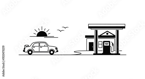 A minimalist depiction of a car near a gas station with a rising sun rendered as a striking silhouette high quality