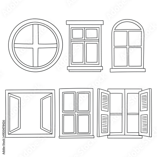 Hand-drawn doodle set of closed and open windows on a white background.