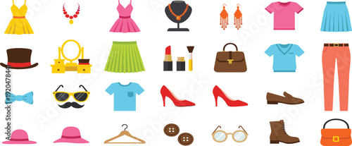 Fashion Clothing and Accessories Vector Icons Set with Dresses Shoes Bags Cosmetics Jewelry Flat Colorful Illustration Design