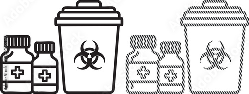 Biohazard waste disposal containers and medical bottles illustration
