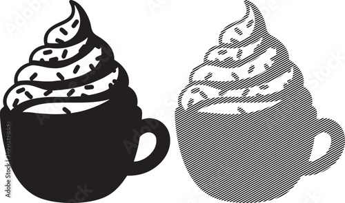 Two black and white coffee cup icons with whipped cream on top isolated on white background
