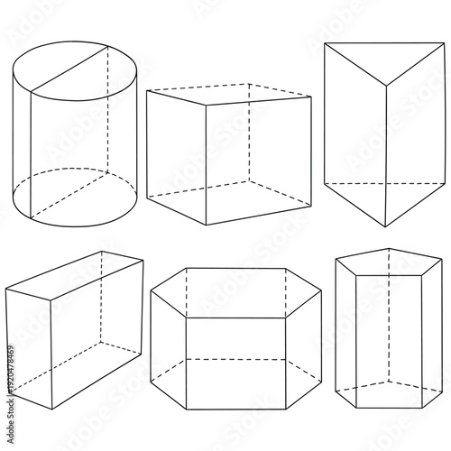 Hand-drawn doodle set of geometric prisms on a white background.