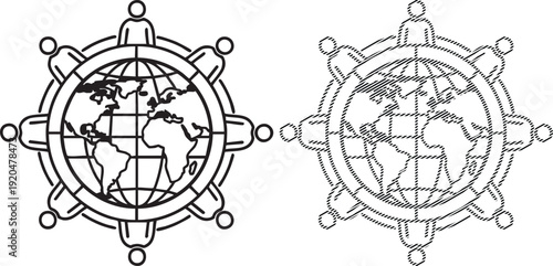 Black and white line art logo featuring a globe surrounded by figures representing global cooperation, shown in solid and dotted line styles, isolated on white background

