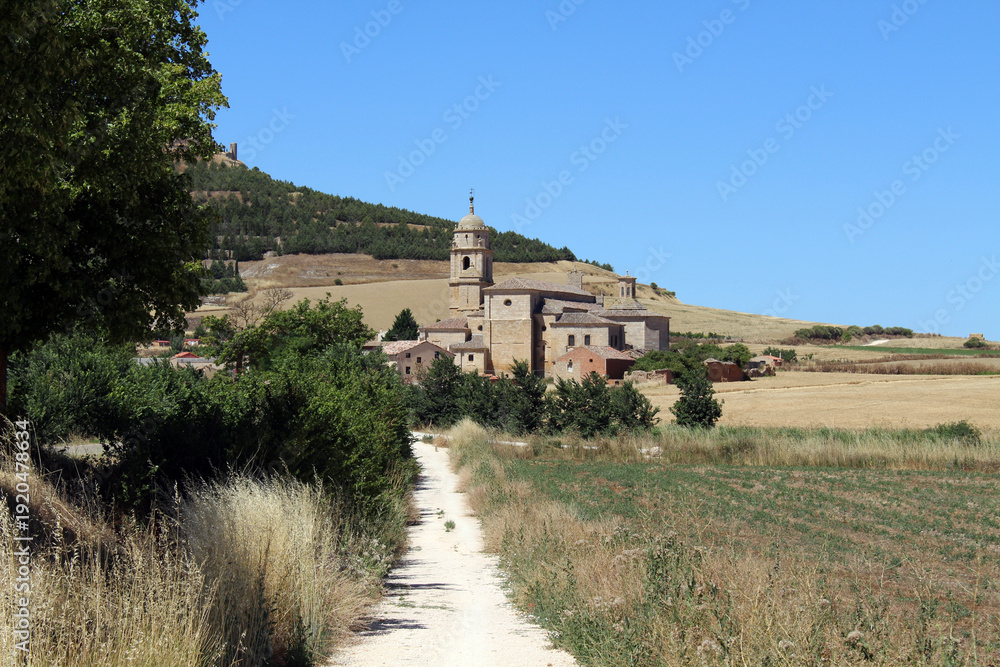 Fototapeta premium Entering Castrojeriz with Iglesia de San Juan visible in July 2024