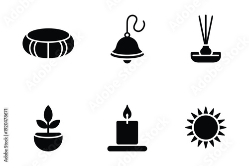 Wellness Icons: Drum, Bell, Diffuser, Plant, Candle, Sun