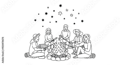 A group of people sit around a campfire under a starry night sky rendered as a striking silhouette high quality professional