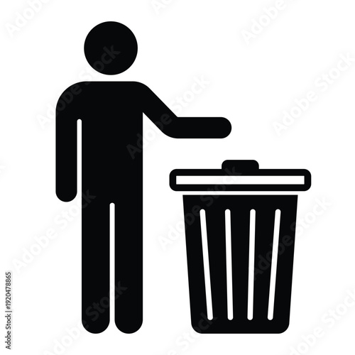 Black silhouette icon showing a person disposing of waste in a trash can with an open lid. Professional graphic for sanitation and housekeeping.