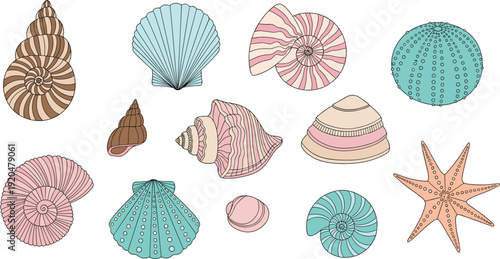 Collection of pastel seashell icons and starfish vector set featuring scallops conch snails and sea urchin for summer beach and nautical design