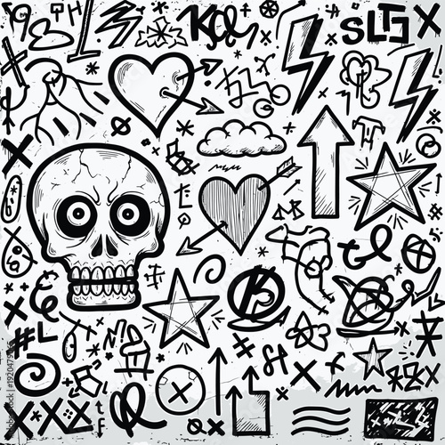 Skull with Graffiti Symbols and Hearts