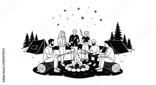 A group of friends enjoy a nighttime campfire amidst a forest setting depicted in a striking silhouette high quality professional detailed