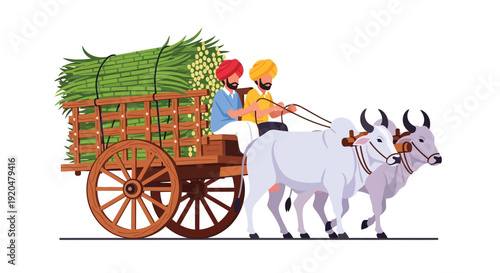 A colorful illustration depicts farmers transporting sugarcane with oxen showcasing a distinct flat silhouette high quality professional detailed modern elegant stylish