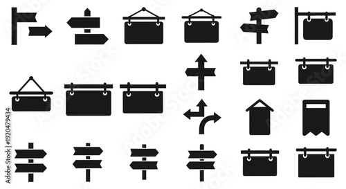 A collection of black signpost and directional arrow icons arranged in a grid presented as a silhouette high quality professional detailed