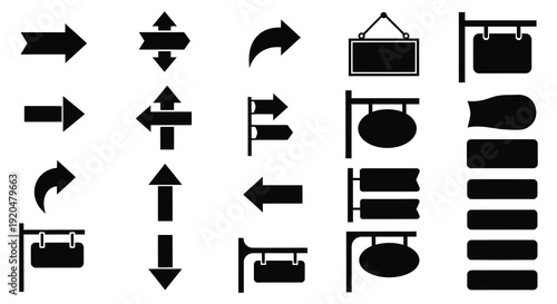 A collection of black directional and informational signs depicted in a stark minimalist silhouette high quality professional detailed modern elegant stylish