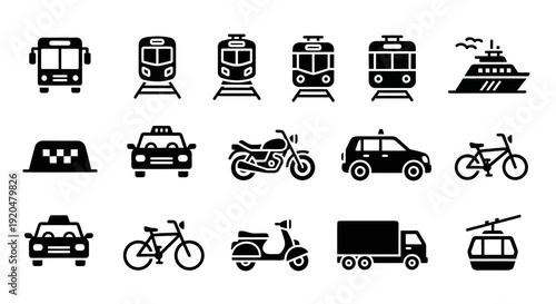 Transportation Icons Set: Bus, Train, Car, Bike, Ship