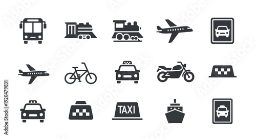 Transportation Icons Set: Bus, Train, Airplane, Taxi