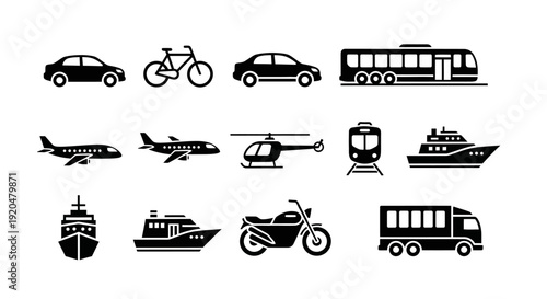 Transportation Icons Set: Car, Bicycle, Plane, Ship