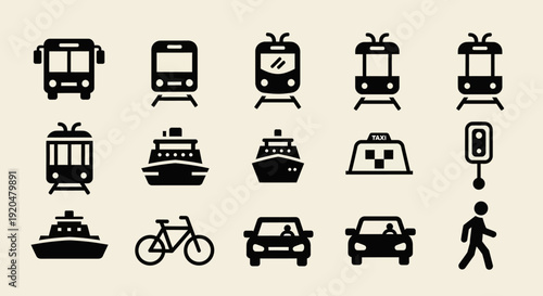 Transportation Icons Set: Bus, Train, Ship, Taxi, Bicycle, Car