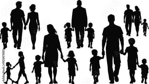 Black silhouettes of people walking holding hands